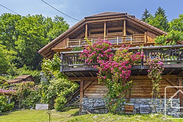 A picturesque wooden chalet featuring balconies covered in bright pink roses, against a backdrop of green trees under a blue sky.