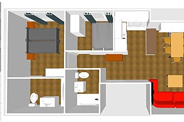 A kitchen with wooden cabinets and a dresser