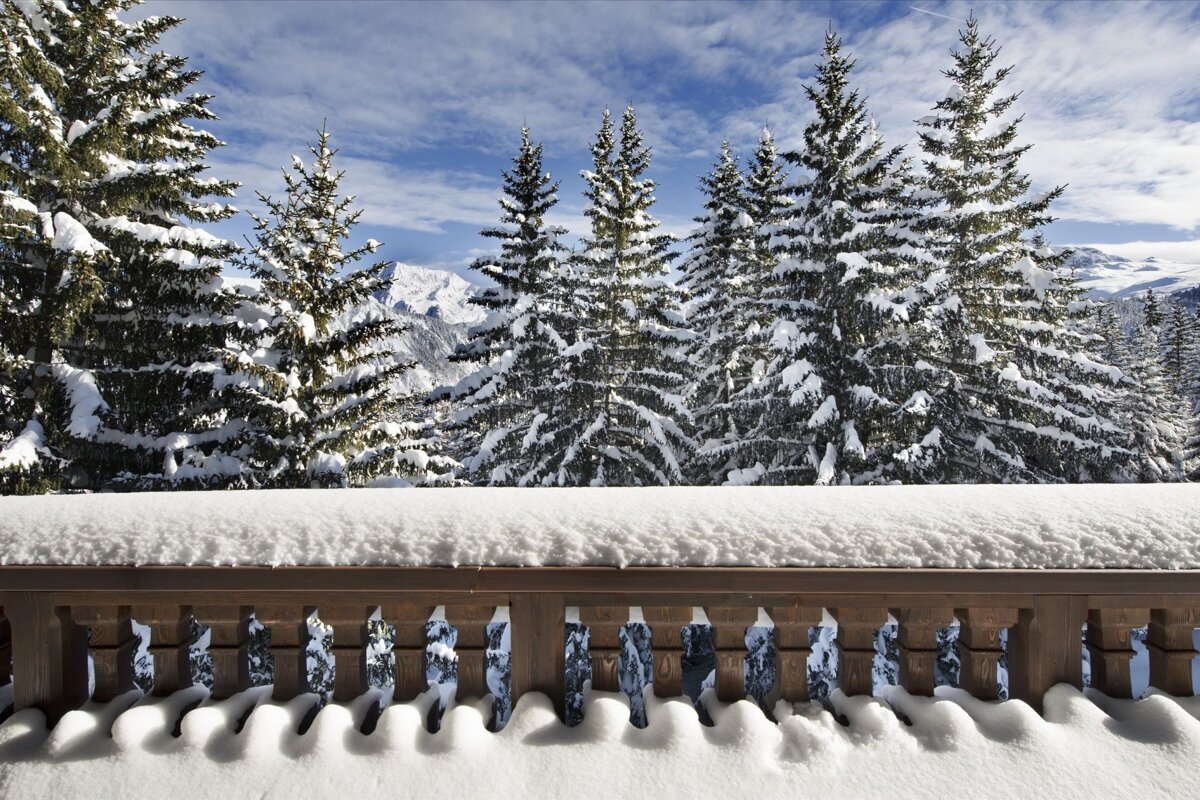 A snowy fence with trees in the background