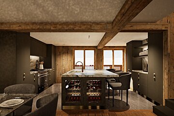A kitchen with a large island and a wine cooler