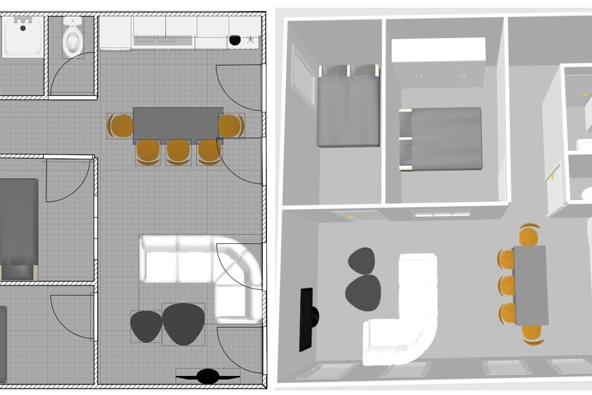 Two side-by-side floor plans: a 2D grid view and a 3D isometric view, showing a residential layout with rooms.