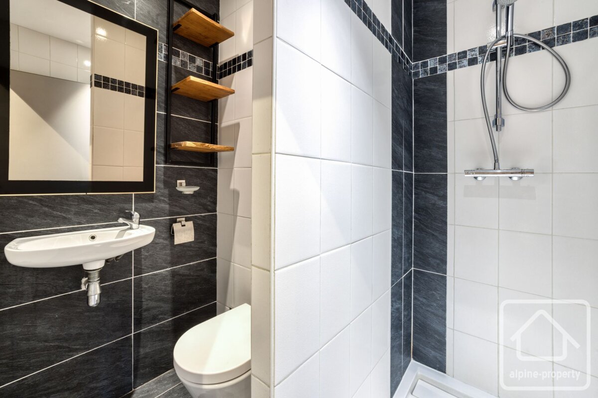 A bathroom with black and white tiles and a sign that says alpha-property