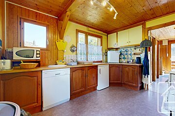 A kitchen with wooden cabinets and white appliances and the word alpine on the bottom