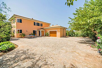 A sunlit orange house with green shutters, attached garage, and a large stone driveway. Lush trees, plants, and a ping-pong table complete the vibrant outdoor scene.