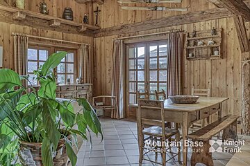 A dining room with a wooden table and chairs and a sign that says mountain base