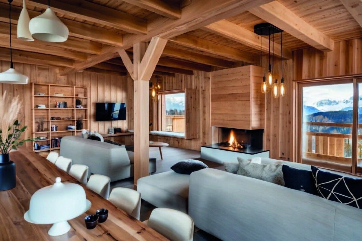 Luxurious wooden cabin living room featuring a warm fireplace, chic sofas, and large windows with stunning mountain views.
