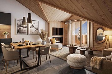 Cozy, modern alpine chalet interior with a vaulted wooden ceiling, dining area, fireplace, and warm, rustic decor.