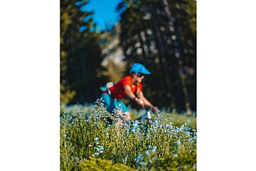 A person is riding a bike through a field of flowers
