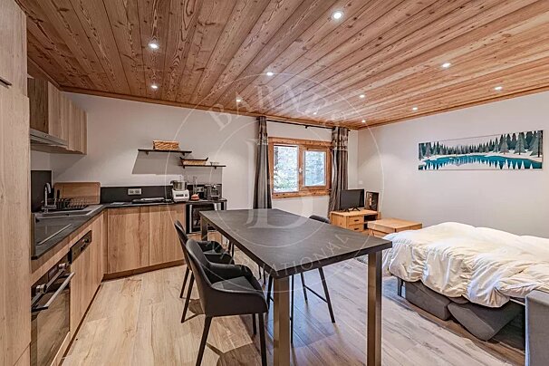 Cozy open-plan studio with a modern kitchenette, dining area, sofa bed, wooden ceiling, window, and nature-themed wall art.