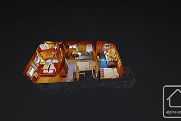 An isometric 3D floor plan of a rustic, wood-paneled interior. It labels two bedrooms, a landing (Palier), and a bathroom (SDD).