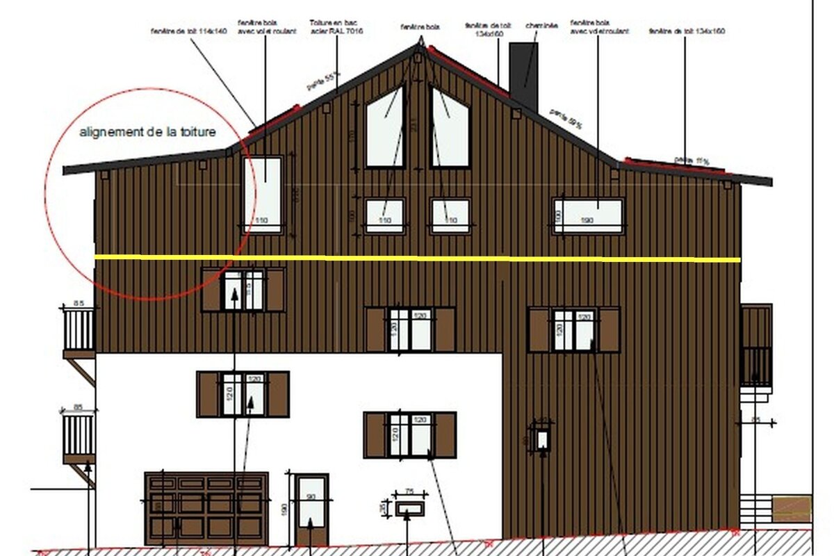 Architectural elevation drawing of a multi-story building, showing materials, roof lines, and window dimensions.