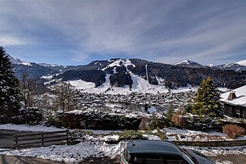 A car is parked in front of a snowy mountain