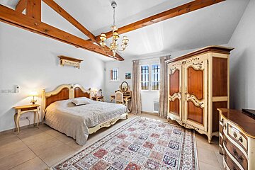 A bedroom with a large bed and a rug