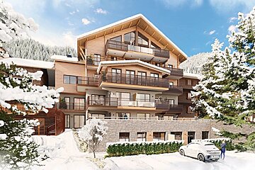 A modern wooden chalet in a snowy mountain landscape, surrounded by snow-covered pine trees under a clear blue sky.