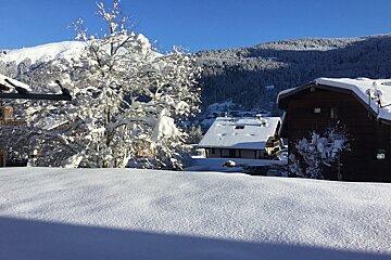 A snowy landscape with a house in the foreground