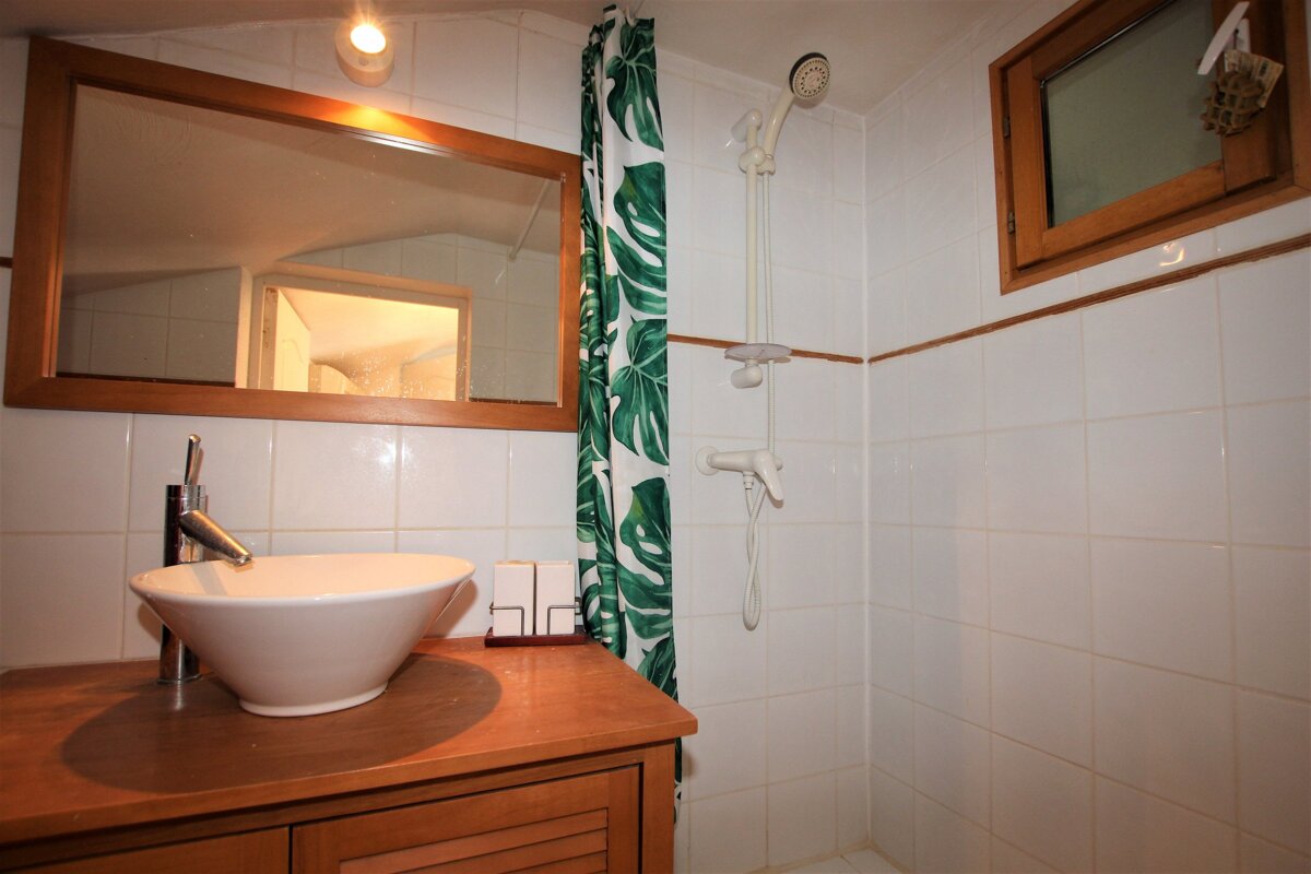 A bathroom with a sink a mirror and a shower