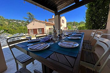 A table with plates and wine glasses on it