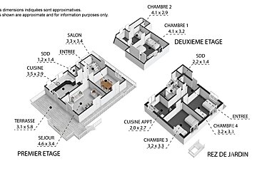 A 3d floor plan of a house with the dimensions shown are approximate and for information purposes only