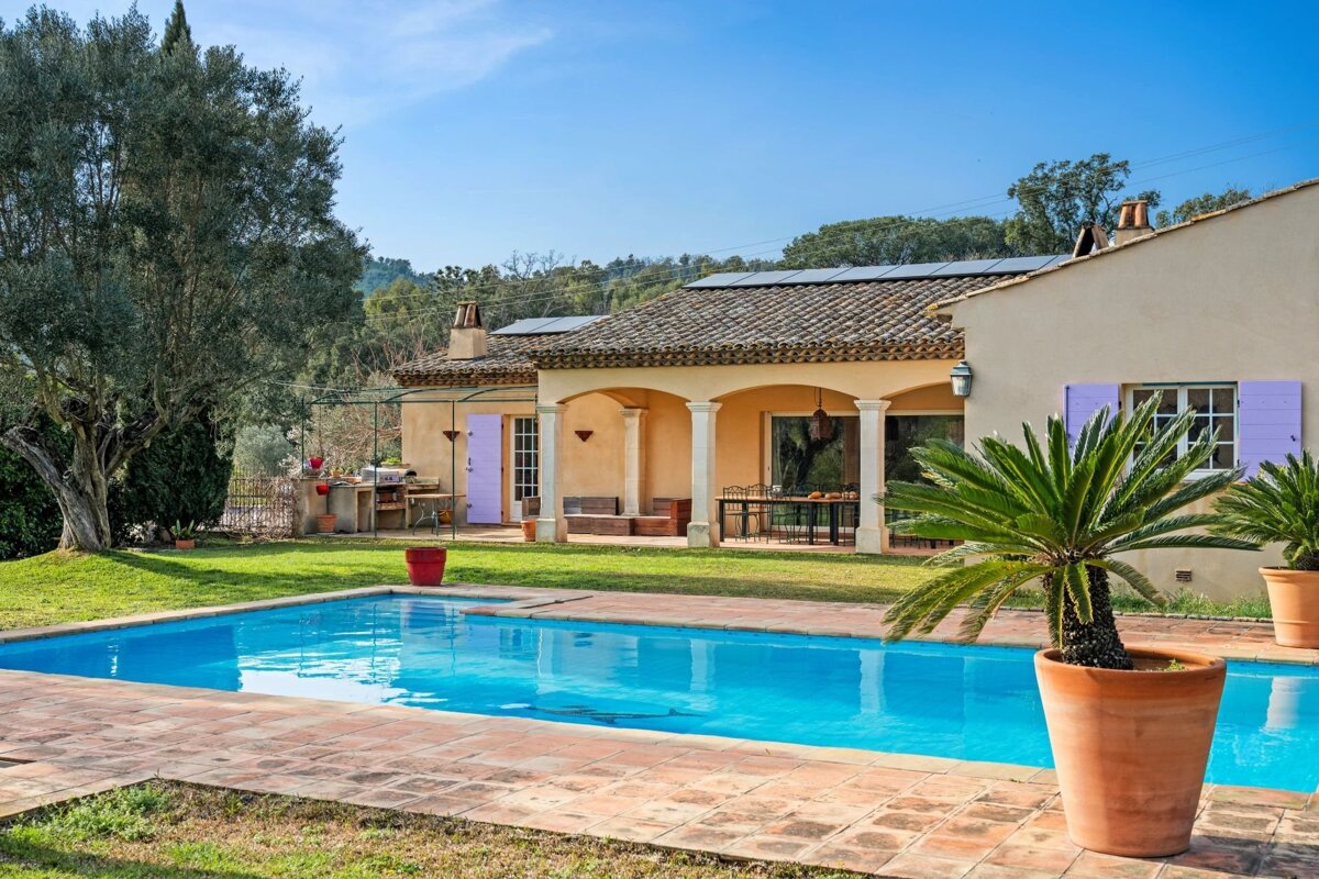A sunny Mediterranean-style villa featuring a bright blue swimming pool, tiled patio, and lush green lawn under a clear sky.