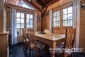 A dining room with a table and chairs and a sign that says mountain base