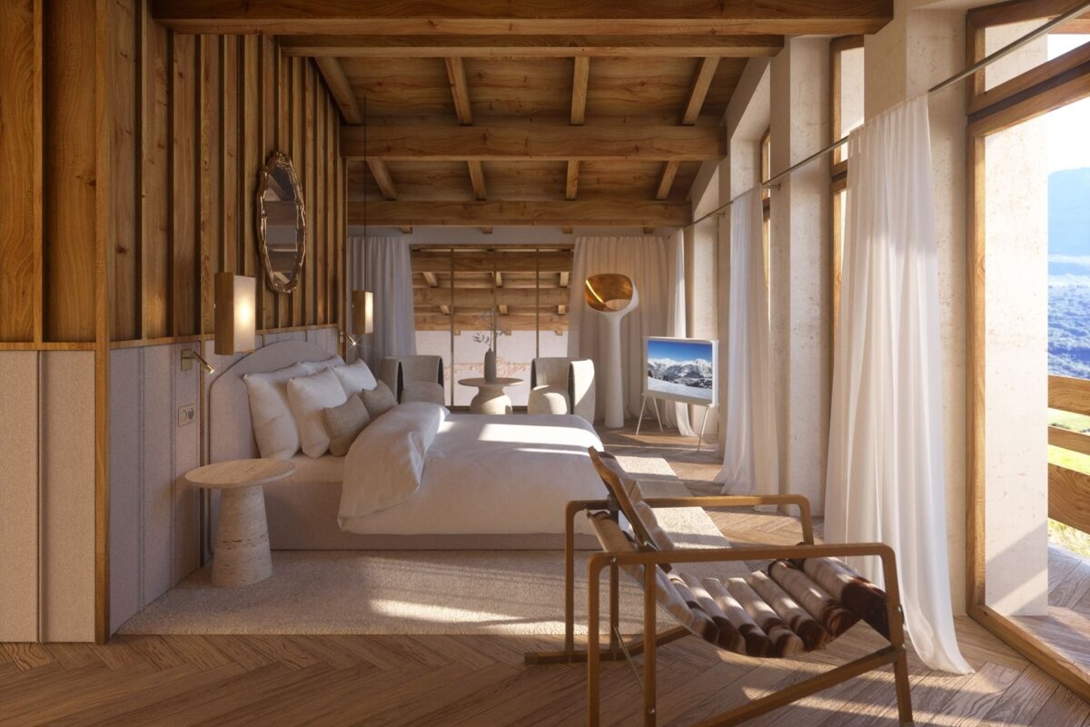 Luxurious modern bedroom with wood walls & ceiling, a plush bed, stylish decor, and large windows revealing a stunning mountain view.
