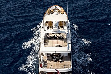 An aerial view of a yacht with the word raymarine on the front