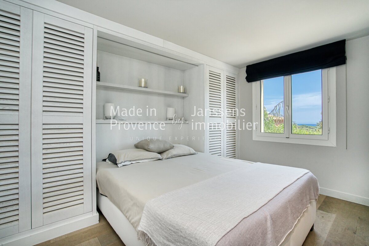 A bedroom with a bed and shutters that say made in provence