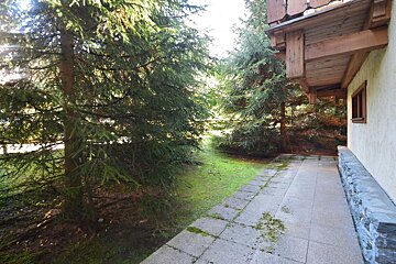 A sunny patio next to a building with a wooden overhang, framed by lush green grass and tall pine trees.