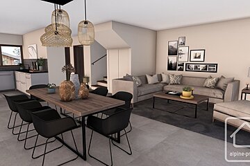 A modern open-plan living space with a dining area, kitchen, and L-shaped sofa. Features neutral colors, wicker lights, and a gallery wall.