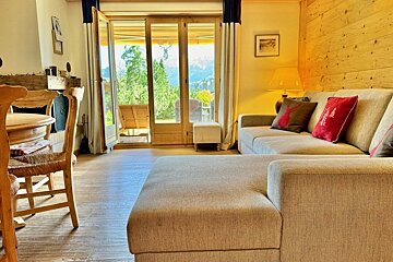 Cozy living room with a beige sectional sofa, rustic wood paneling, and glass doors opening to a sunny patio and garden.