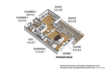 Isometric 3D floor plan of a first floor, featuring labeled rooms (Salon, Sejour, Cuisine, Chambres, SDD, Buanderie) with dimensions and a deck.