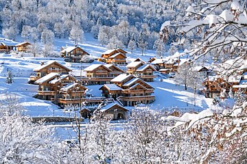 A snowy village with a lot of houses and trees