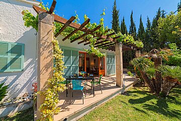 A patio with a table and chairs under a pergola