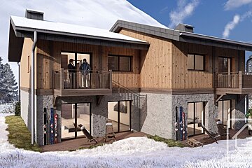 A modern ski chalet in a snowy mountain setting, featuring wood and stone, balconies with people, and skis leaning outside on a snowy ground.