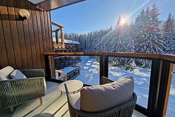 A balcony with a view of a snowy forest