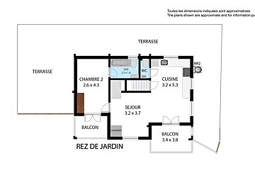 A floor plan for rez de jardin shows a balcony