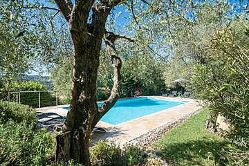 A large swimming pool surrounded by trees and chairs