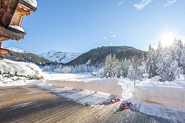 A snowy deck with a mountain in the background