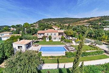 An aerial view of a large house with a swimming pool