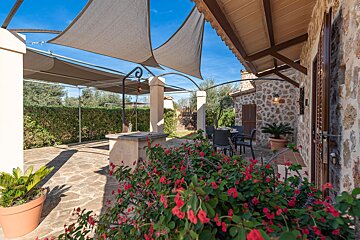 A patio with a table and chairs under a canopy