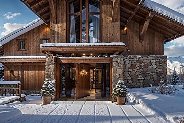 A snowy house with a wooden and stone facade