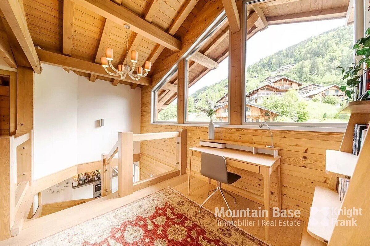 A wooden room with a desk and chair and a sign that says mountain base