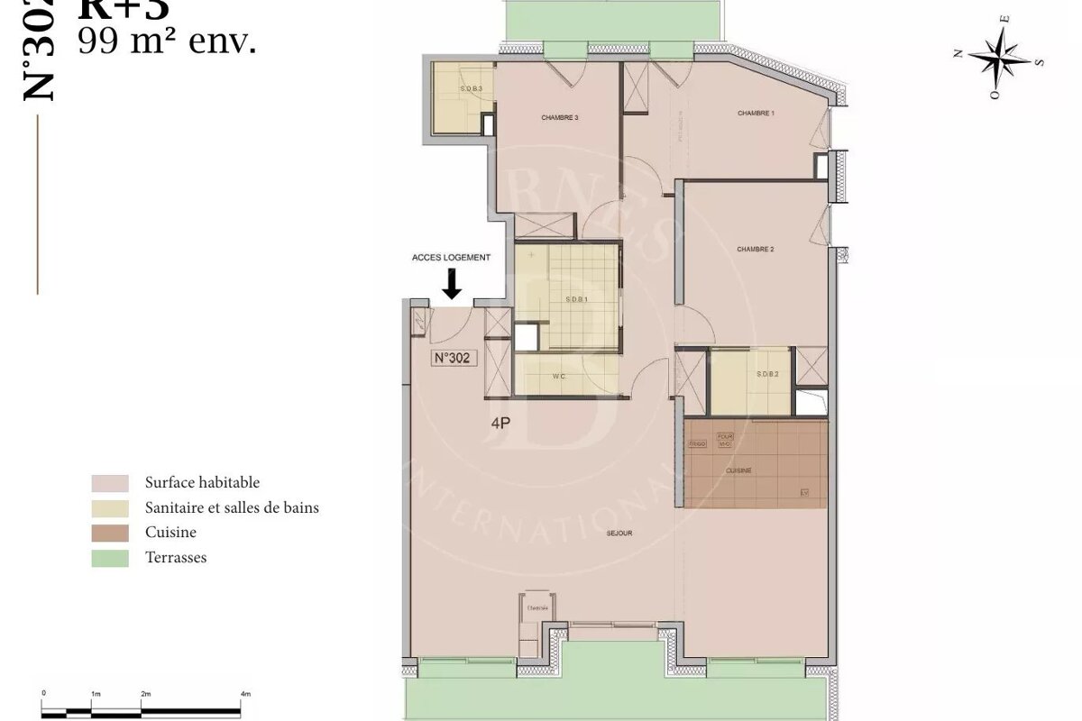 Floor plan for apartment N°302 (99m²) featuring 3 bedrooms, living, kitchen, bathrooms, and terraces with a detailed legend.