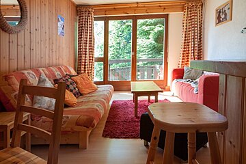 A living room with a red couch and a red rug