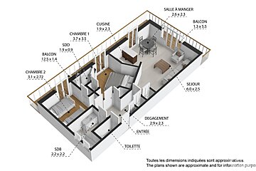A 3d floor plan of a house with a balcony