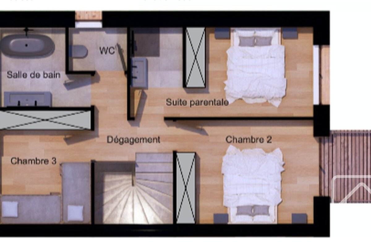 Floor plan of an upper level with a master suite, two bedrooms, a bathroom, WC, hallway, and stairs.
