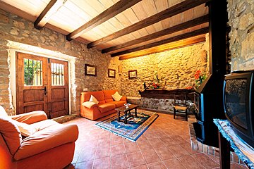 A living room with an orange couch and a blue rug