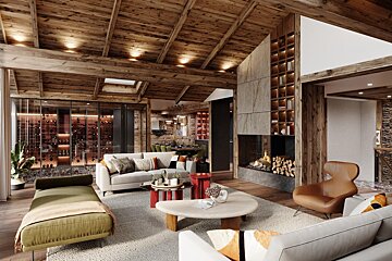 A living room filled with furniture and a fireplace