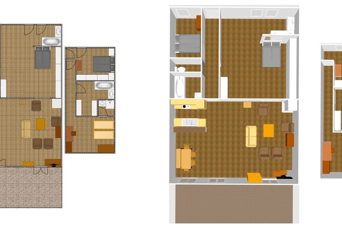 Architectural 2D floor plans illustrating various apartment layouts complete with furniture, bedrooms, and living areas.