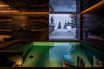 Luxurious indoor spa pool with green tiled water, dark textured walls, warm lighting, and a modern fireplace. A large window offers a serene snowy pine forest view.